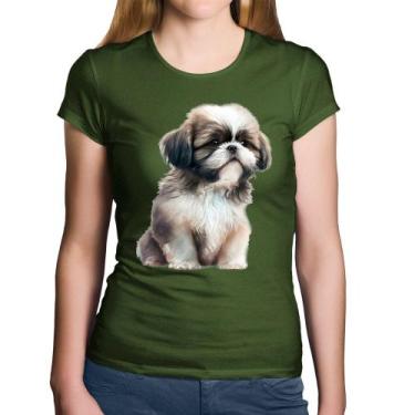 Imagem de Baby Look Algodão Cachorro Shih Tzu Filhote - Foca na Moda, Musgo, GGG