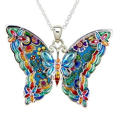 Imagem de DianaL Boutique Colar com pingente de borboleta azul colorido prateado corrente de 53 cm