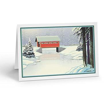 Imagem de Stonehouse Collection Ponte coberta de inverno cartão de notas em caixa | Feito nos EUA | 10 cartões de notas de ponte de inverno encaixotados