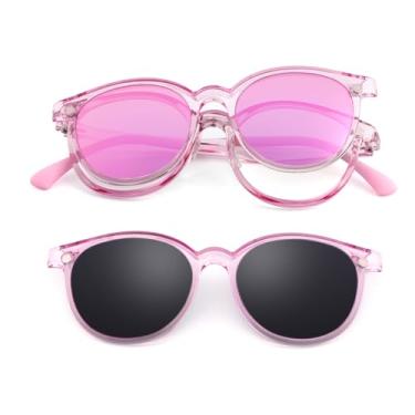 Imagem de EYEBUDDY Óculos de sol com clipe magnético infantil, óculos de sol polarizados UV para meninos e meninas (1 armação + 2 suportes de lentes magnéticas), Armação rosa, Kids