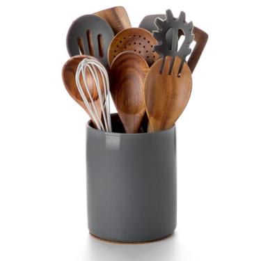 Imagem de Nucookery porta-utensílios, porta-utensílios de cozinha de cerâmica de 6,4 "para bancada com fundo de cortiça de proteção, decoração de cozinha de fazenda vintage para balcão (cinza)