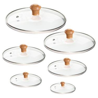Imagem de Kit 6 Tampas 28,30,32,34,36 e 40cm de vidro temperado para panelas frigideiras com pomel puxador (Pomel de madeira)