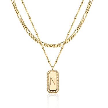Imagem de TONTMY STUDIOS Colar feminino com inicial de ouro 14K, banhado a ouro 14K, corrente fígaro, gargantilha em camadas, conjunto de colares com pingente retangular, simples, delicados, joias de ouro para
