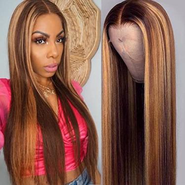 Imagem de Peruca de cabelo humano com tela frontal ombré de 76,2 cm, peruca lisa marrom, 33 x 15,4 x 2,5 cm, peruca de cabelo humano destacado, cor mista, cabelo virgem brasileiro, parte T 4/27, peruca de cabelo humano destacado para mulheres negras