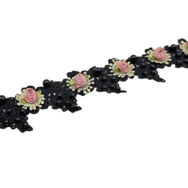 Imagem de 1 jarda vintage pérola contas rosa flores bordadas borda de renda tecido apliques florais fita de renda nupcial artesanal costura artesanal para casamento vestido de noiva roupas chapéu decoração