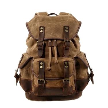 Imagem de Mochilas de lona de couro de grande capacidade para homens sacos vintage mochila de qualidade portátil mochila masculina(Khaki)