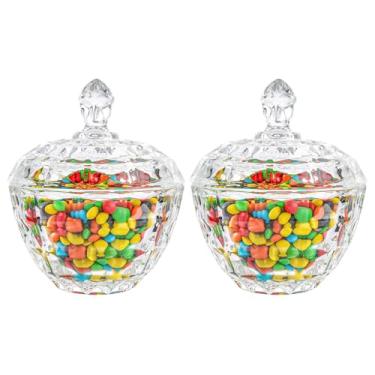 Imagem de ComSaf Prato de vidro para doces com tampa tigela decorativa para doces, frasco de doces coberto de cristal para mesa de escritório em casa, conjunto de 2 (diâmetro: 11 cm)
