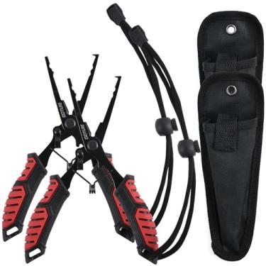 Imagem de Goture Alicate de pesca, cortador de linha de água salgada com alicate de anel dividido, removedor de anzol, alicate de nariz de agulha de pesca resistente à corrosão com cordão de bainha, equipamento