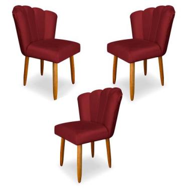 Imagem de Kit 3 Cadeiras de Jantar Pétala Estofada Pés Palito Veludo Vermelho - 