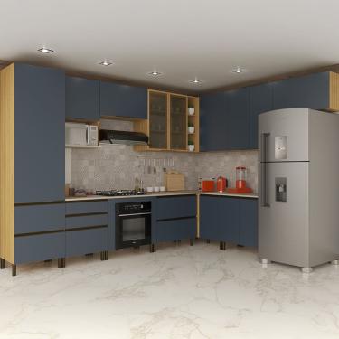 Imagem de Cozinha Completa de Canto Bartira Cristal com 12 Portas, 7 Gavetas, 13 Prateleiras, 3 Nichos e 340cm de largura - Lâmina Mel/Azul Royal