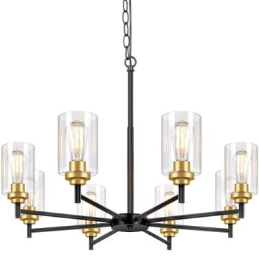 Imagem de Sucolite Lustre De 8 Luzes Para Sala De Jantar, Ilha De Cozinha, Iluminação Pendente Moderna De Fazenda Com Cúpulas De Vidro Transparente, Luminária De Teto Suspensa Industrial Preta Para Sala De Es