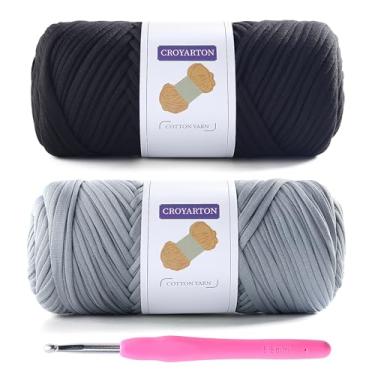 Imagem de Pacote com 2 fios de camiseta para crochê, camiseta elástica, fio de tricô grosso, comprimento total de 130 metros para cestas de saco de crochê, decoração de casa com 1 agulha de crochê (preto +