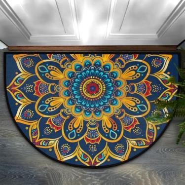 Imagem de Pardick Boho Mandala Flower Tapete de porta meio redondo, antiderrapante, bem-vindo, para entrada interna, semicírculo, capacho lavável, banheiro, cozinha, tapete de chão para garagem, pátio, lareira