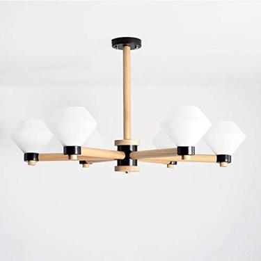 Imagem de ZZZYZ Lustre Sputnik de madeira vintage com 6 luzes de vidro branco moderno durante a luz lâmpada de teto com base de metal irregular para sala de estar e fazenda luminária - preto e madeira 6 cabeças