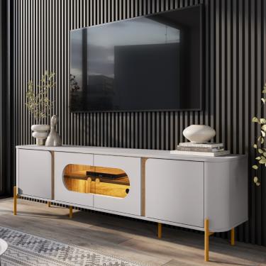 Imagem de Rack para TV Até 55 Polegadas com LED e Vidro Reflecta 4 Portas com Pés Juquehy Bechara - Off White/Cinamomo