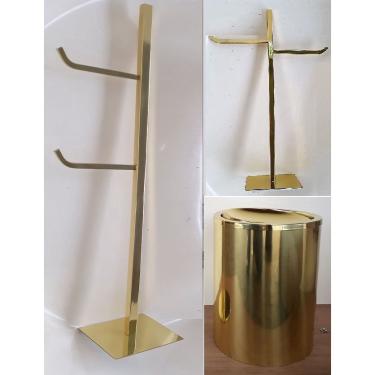 Imagem de Kit Quadrado Dourado p/ Lavabo, Papeleira, Toalheiro E Lixeira