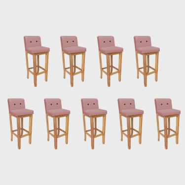 Imagem de Kit 09 Banqueta Alta Com Encosto Aila Balcão Bistrô Base Madeira Maciça Suede Rose Gold Botão Preto - Ahz Móveis