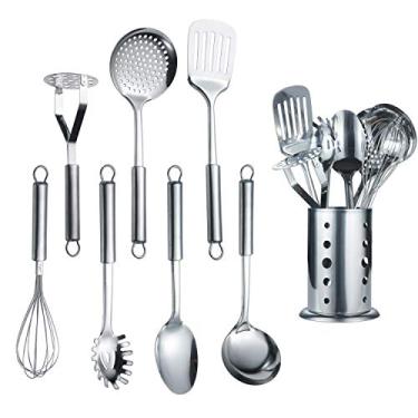 Imagem de Berglander Conjunto de utensílios de cozinha de 8 peças, conjunto de ferramentas de cozinha de aço inoxidável com suporte, utensílios de cozinha, afinador com fenda, concha, escumadeira, colher de