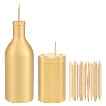 Imagem de UPTALY 2 unidades de dispensadores de palito de dente 100% latão (forma de garrafa + forma cilíndrica pequena), recipiente espesso para palitos de dente (cor dourada), caixa de armazenamento de palito de dente de bancada, suporte de palito de dente de cobre