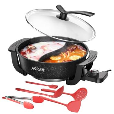 Imagem de aoran kitchen Panela Elétrica Aoran 6L, Antiaderente E Sem Fumaça, Com Divisória Para Panela Quente, Fondue, Shabu Shabu, Multifuncional, Inclui Concha, Pinça, Escova De Óleo, Pinça Para Alimentos,