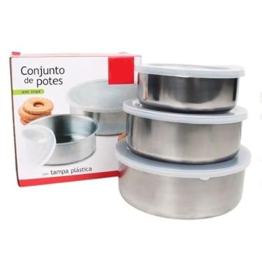 Imagem de Conjunto de Potes em Aço Inox com Tampa Plástica, 3 Peças, 16cm/14cm/12cm, Redondo