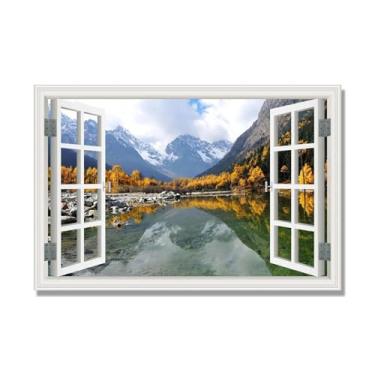 Imagem de PY3H69 Arte de parede em tela de janela aberta, impressão natural em tela. Lindo cenário de montanha 43 cm, decoração de parede de paisagem de janela, decoração de casa moderna. 70 x 105 cm - 27,6 x