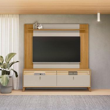Imagem de Rack com Painel para Tv 55 Polegadas com Led Pés em Madeira Maciça TAUARI/OFF WHITE FOSCO