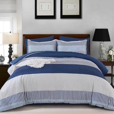 Imagem de Edredom de tamanho casal listrado azul marinho para meninos e meninas, cama em uma bolsa, estilo neutro simples, conjunto de cama para crianças e adolescentes