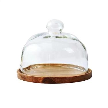 Imagem de Suporte para Bolo Prato de bolo de madeira Tampa de vidro transparente Mesa de sobremesa Pão Dim Sum Bandeja de exposição Suporte para Sobremesa(Pequeno)