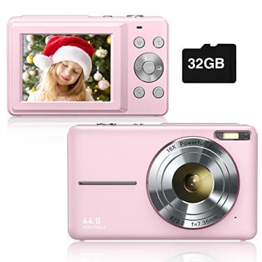 Imagem de Câmera digital infantil 1080p 44MP câmera digital apontar e fotografar com cartão de memória de 32 GB, câmera de vlogging com zoom 16X para crianças, meninos, meninas, estudantes, rosa