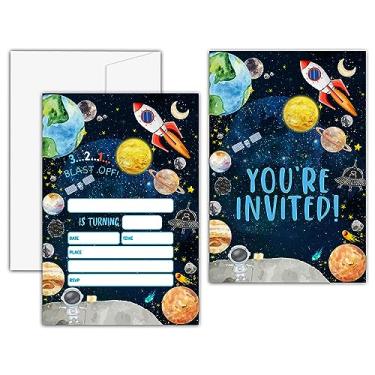 Imagem de KFNER Convites de aniversário do espaço sideral, cartão de convite de festa de aniversário de astronauta menino menina, lembrancinhas de festa de aniversário de foguete planetas e suprimentos de
