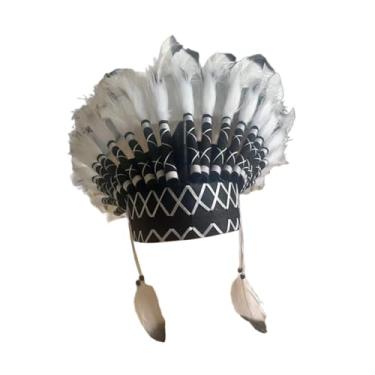 Imagem de YIJU Chapéu de índio chefe, cocar de penas, faixa de cabeça exclusiva para adultos, para apresentações no palco, Preto Branco