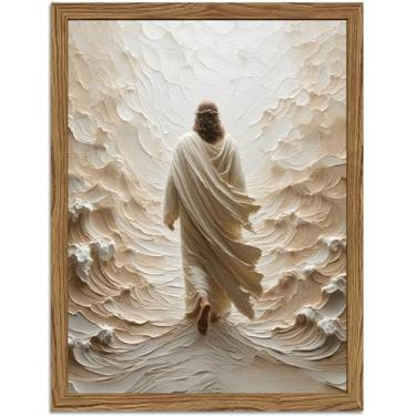 Imagem de Arte de parede Jesus andando na água, moldura 3D texturizada arenito desenhado à mão, pinturas de parede cristãs, imagens espirituais religiosas para sala de oração quarto 40,6 x 61 cm moldura de