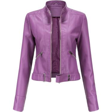 Imagem de Jaqueta de couro curta feminina Jaqueta de colar de outono da primavera europeia, roxa, 3xl