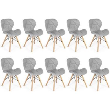Imagem de Kit 10 Cadeiras de Jantar Charles Eames Slim Wood Estofada - Cinza - M
