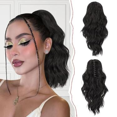 Imagem de SOFEIYAN 14" Extensão De Rabo Cavalo, Grampo Garra Curto Ondulado, Apliques Cabelo Sintético, Preto Natural, Em Camadas, Cacheado, Fofo, Com Cordão Para Mulheres