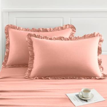 Imagem de TOSMO Fronha King Size 100% linho com babados, conjunto de 2, fronhas respiráveis lavadas em pedra, fecho de envelope, fronhas macias e duráveis, 51 x 91 cm, rosa