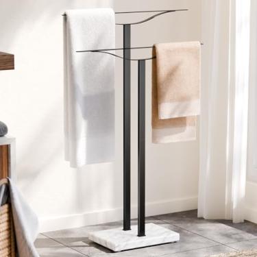 Imagem de Toalheiro de banheiro Suporte de piso autônomo: suporte de toalha de base de mármore ponderado de 2 barras preto de 84 cm, rack de secagem de aço inoxidável 304 à prova de ferrugem para toalhas de