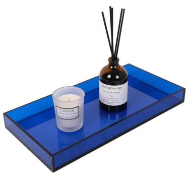 Imagem de Bandeja de acrílico para maquiagem, perfume, suporte de joias, guardanapo, bandeja decorativa azul de 30 x 15 cm para banheiro, tanque de banheiro, bancada de pia, sala de estar, cômoda, mesa de café