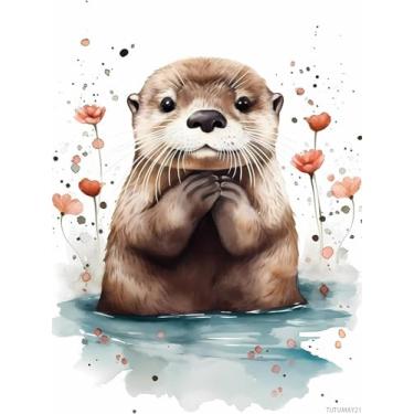 Imagem de TUTUMAY21 Pintura de diamante de lontra DIY, tinta de lontra em aquarela por números para iniciantes, kits de arte de diamante redondo completo para decoração de quarto, decoração de sala de estar, 30