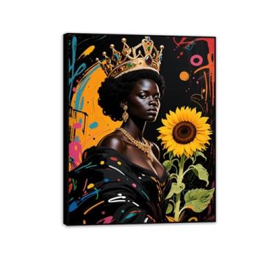 Imagem de Pintura artística de parede de mulher africana pôsteres e impressão mulher negra girassol abstrato grafite imagem em tela para sala de estar decoração de casa 80 x 60 cm (32 x 24 pol) emoldurada
