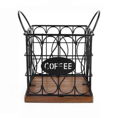 Imagem de Fving Suporte de cápsulas de café com base de madeira, organizador grande de cápsulas K-Cup e Nespresso, cesta de cápsulas de café, organizador de café de metal para cozinha, escritório, casa, café,