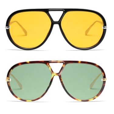 Imagem de VANLINKER Óculos de sol aviador polarizados modernos para mulheres e homens, retrô, grandes, redondos, óculos escuros vintage VL9798, Pacote com 2 - c2 + c4-preto/amarelo e tartaruga/verde, M