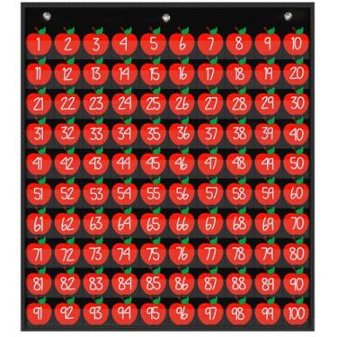 Imagem de FYSUIMU Tabela de cem bolsos com 100 bolsos cartões de números maçã vermelha 1-100 tabela de números educacionais para contar matemática, aprendizagem, decoração de sala de aula em casa