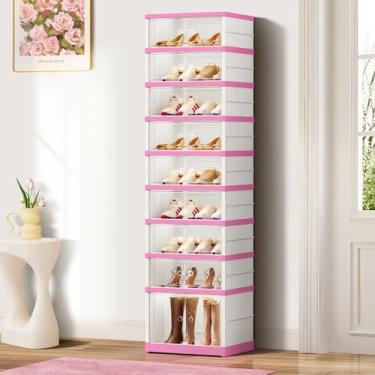 Imagem de CIMLORD Organizador de sapateira dobrável de 9 camadas para armário, 18 pares de prateleiras de plástico dobrável, caixas de armazenamento de sapatos empilháveis transparentes com porta fácil de