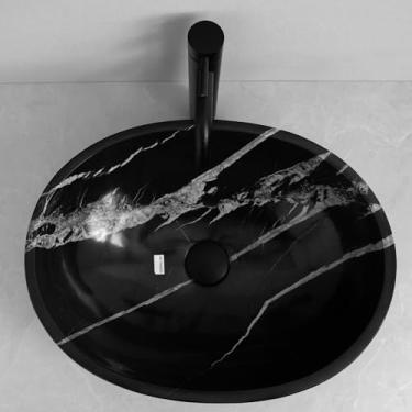 Imagem de Pia de vaso de pedra natural preta - Tigela oval de pia de banheiro com veia única - Pia de mármore artesanal exclusiva - Pia de vaso de pedra exclusiva para banheiros - Peça luxuosa - Veias