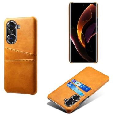 Imagem de Capas Compatível com Honor 60 Pro,Caso de couro PU-Tampa de telefone a prova de choque com 2 slots de cartão,Proteção anti-impressão digital e anti-gota-Yellow