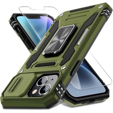 Imagem de DEERLAMN Capa para iPhone 13 Mini com capa de câmera deslizante + protetor de tela (1 unidade), suporte de anel giratório capa protetora de grau militar à prova de choque - verde oliva