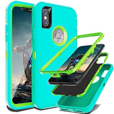 Imagem de YmhxcY Capa para iPhone X Capa para iPhone Xs, à prova de choque, à prova de quedas, à prova de poeira, à prova de queda, 3 camadas, durável, capa de telefone de proteção resistente para Apple iPhone X/Xs 5,8 polegadas, azul-água e verde limão