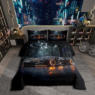 Imagem de Conjunto de cama solteiro para meninos, meninos, meninas, adolescentes, carros de corrida 3D, temática de esportes radicais, decoração de quarto